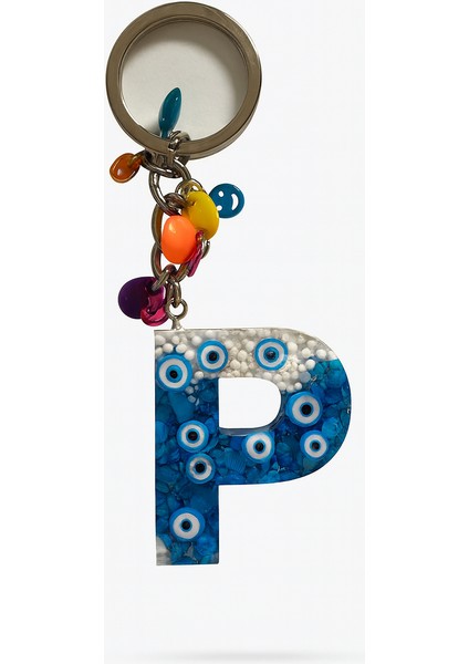Epoksi Harf Anahtarlık – P Harfi, Nazar Boncuklu ve Renkli Charm Detaylı