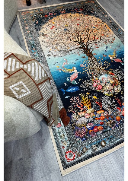 Mercan ve Deniz Kızı Figürlü Dekoratif Halı Desenli Yumuşak Dokulu Pamuk Yatak Odası Salon Halısı