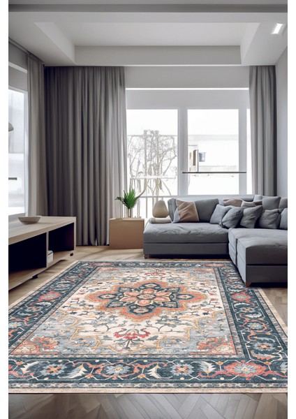 Gösterişli Oriental Desen Halı Modern Evler Için Doğal Tonlarda Çiçek Desenli Vintage