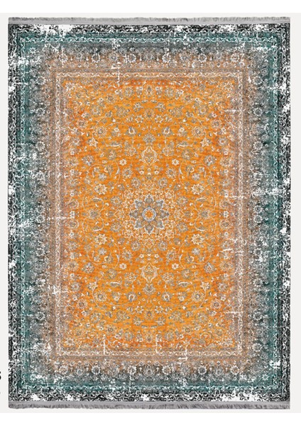 Mars 2186 Hardal Ton Temalı Geleneksel Motifli Etnik Desenli Vintage Yıkanabilen Dekoratif Halı