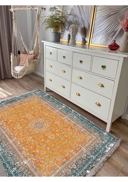 Mars 2186 Hardal Ton Temalı Geleneksel Motifli Etnik Desenli Vintage Yıkanabilen Dekoratif Halı modelleri