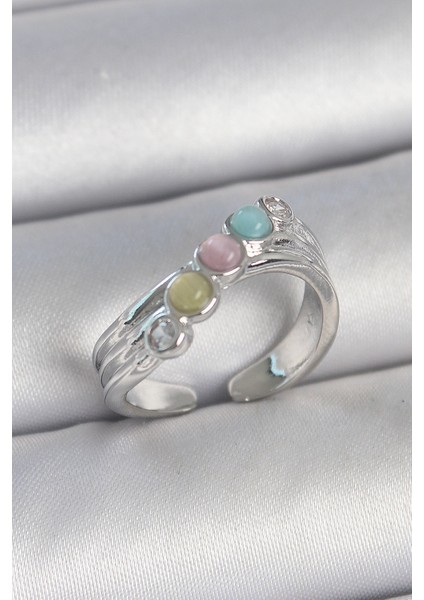 Pirinç Gümüş Renk Zirkon Taş Detaylı Renkli Mineli Ayarlanabilir Kadın Yüzük fiyatları