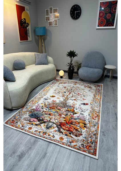 Mercan ve Ağaç Desenli Yumuşak Dokulu, Pamuk Taban, Yatak Odası & Salon Halısı MARS276