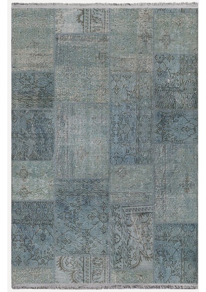 Mars 2091 Yeşil Tonunda Patchwork Dekoratif Halı Salon Halısı Saçaklı Yıkanabilen Halı