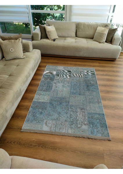 Mars 2091 Yeşil Tonunda Patchwork Dekoratif Halı Salon Halısı Saçaklı Yıkanabilen Halı fırsatları