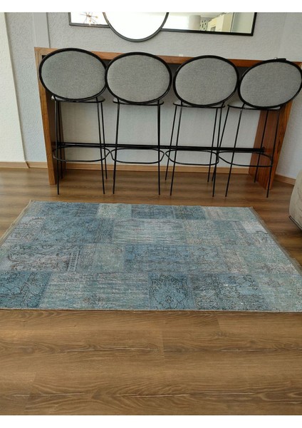 Mars 2091 Yeşil Tonunda Patchwork Dekoratif Halı Salon Halısı Saçaklı Yıkanabilen Halı