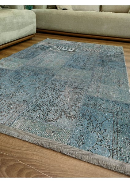 Mars 2091 Yeşil Tonunda Patchwork Dekoratif Halı Salon Halısı Saçaklı Yıkanabilen Halı