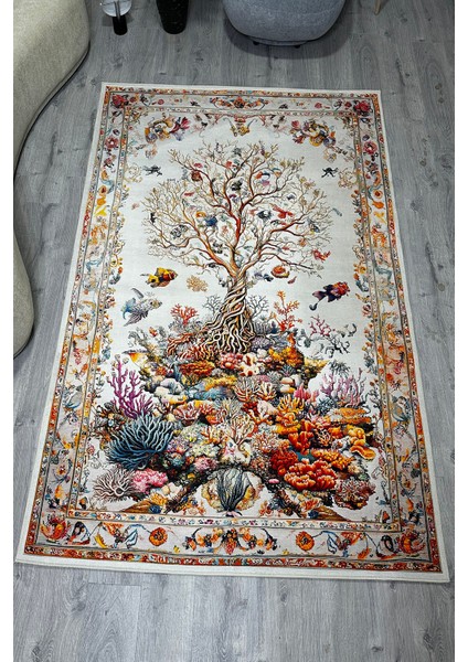 Mercan ve Ağaç Desenli Yumuşak Dokulu, Pamuk Taban, Yatak Odası & Salon Halısı MARS276 indirimleri