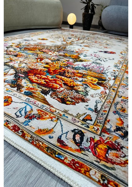 Mercan ve Ağaç Desenli Yumuşak Dokulu, Pamuk Taban, Yatak Odası & Salon Halısı MARS276