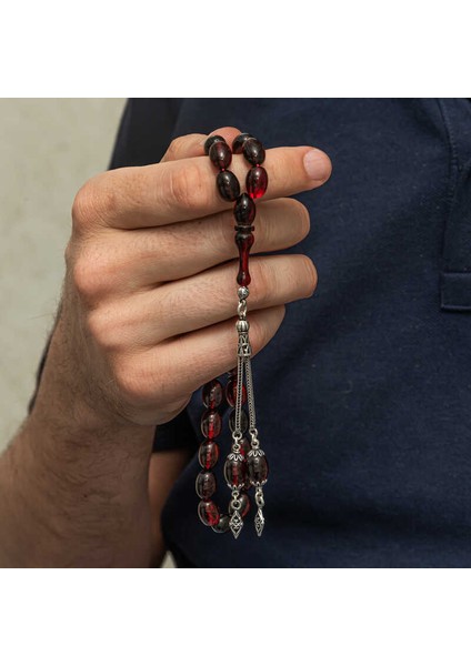 Gümüş Kırmızı Siyah Ateş Kehribar Tesbih (BC-8C6D61) fiyatları