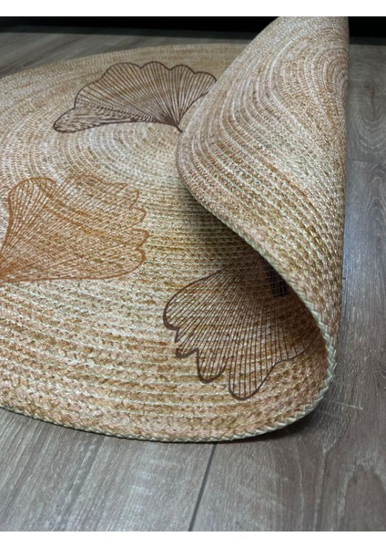Floral Desenli Örgü Yuvarlak Natural Çift Taraflı Halı Boho 907