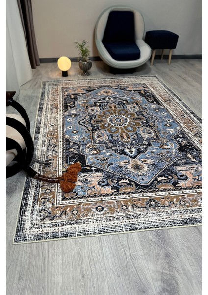 Modern Klasik Desenli Mavi Kahverengi Vintage Halı Pamuk Taban Salon ve Yatak Odası Halısı MARS2243 modelleri