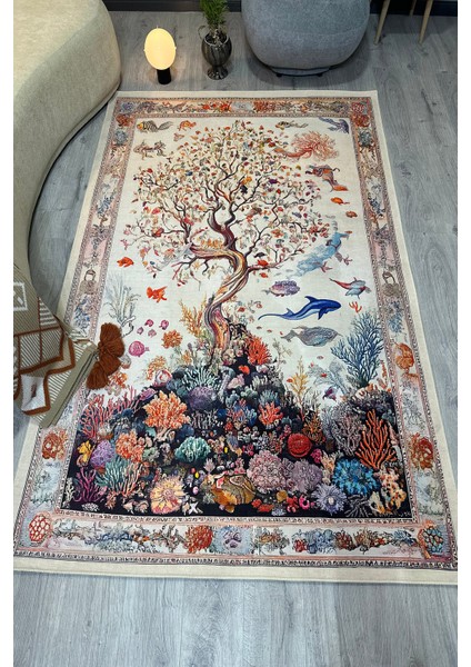 Mercan ve Ağaç Desenli Yumuşak Dokulu, Pamuk Taban, Yatak Odası & Salon Halısı MARS274 fiyatları