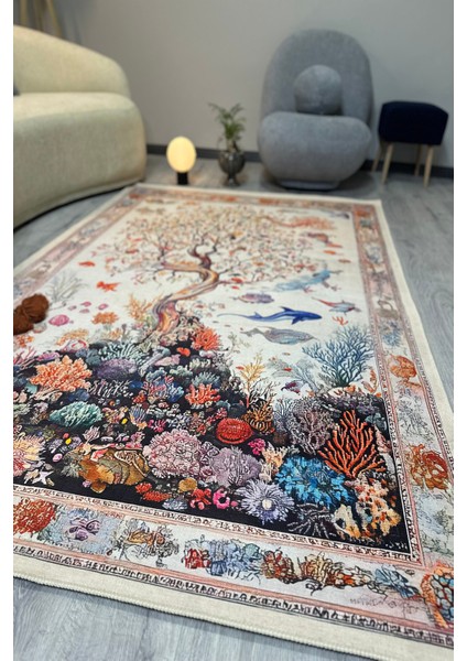 Mercan ve Ağaç Desenli Yumuşak Dokulu, Pamuk Taban, Yatak Odası & Salon Halısı MARS274 modelleri