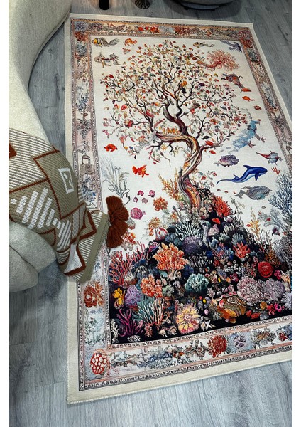 Mercan ve Ağaç Desenli Yumuşak Dokulu, Pamuk Taban, Yatak Odası & Salon Halısı MARS274 fırsatları