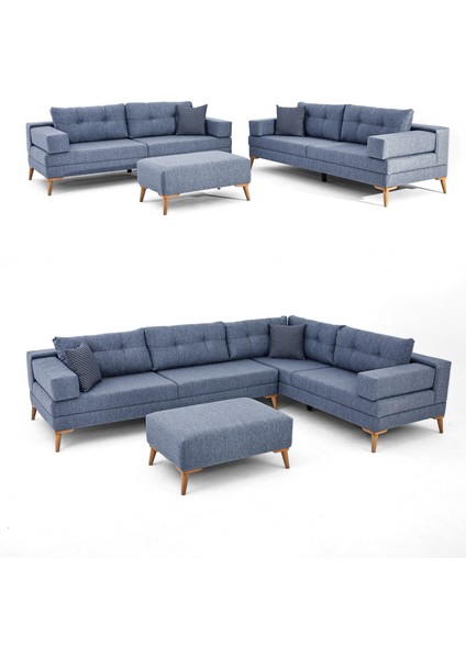 Zeri Modüler Yataklı Koltuk Takımı & 2 Adet Üçlü Kanepe & Puflu Köşe Takımı (3+3) - Mavi - 119