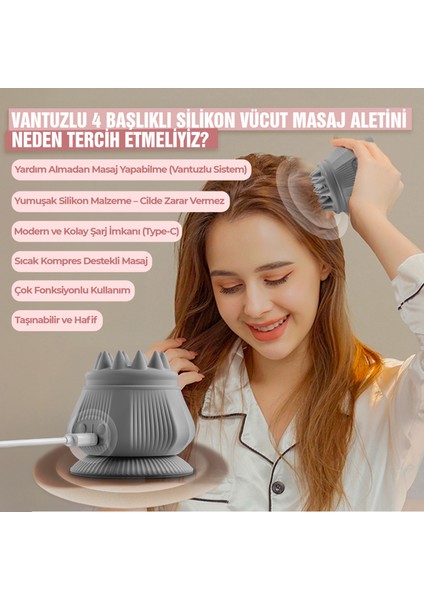 4 Başlıklı Silikon Vücut Masaj Aleti – Şarjlı | 2 Kademe Isıtmalı, 3 Masaj Modlu modelleri