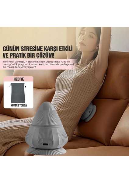 4 Başlıklı Silikon Vücut Masaj Aleti – Şarjlı | 2 Kademe Isıtmalı, 3 Masaj Modlu