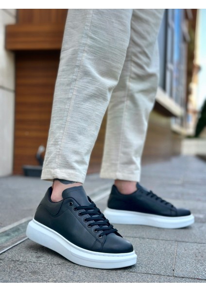 ET0547 Kalın Yüksek Taban Siyah Beyaz Bağcıklı Spor Erkek Ayakkabı