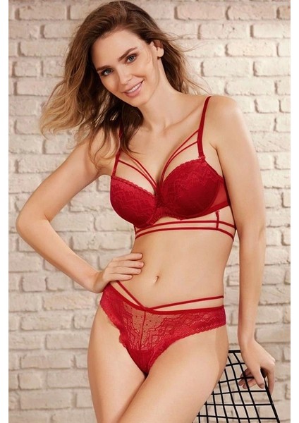 Balenli Destekli Dolgulu Askıları Çıkabilen Yaka Detaylı Çıkabilen Göğüs Altı Aksesuarlı Dantelli Sütyen ve String Takım