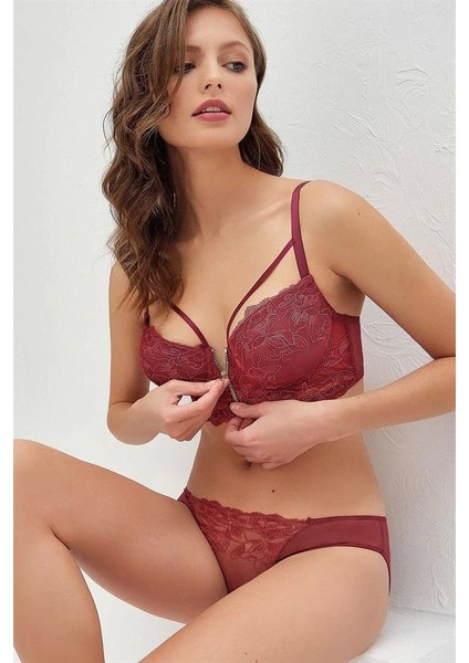 Balenli Destekli Dolgulu Yaka Detaylı Fermuarlı Dantelli Büstiyer Sütyen ve Slip Takım