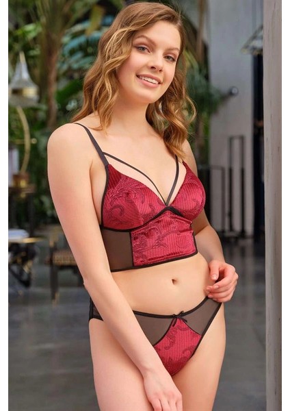 Desenli Kadife Balensiz Desteksiz Dolgusuz Yaka Detaylı Bralet Sütyen ve Slip Takım