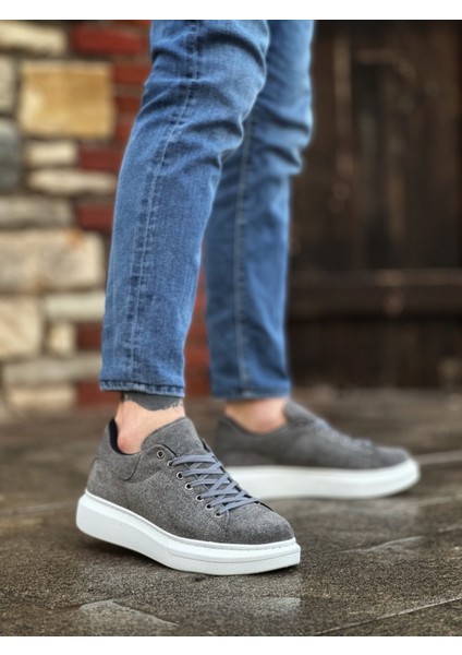 ET0547 Kalın Yüksek Taban Gri Süet Bağcıklı Spor Erkek Ayakkabı