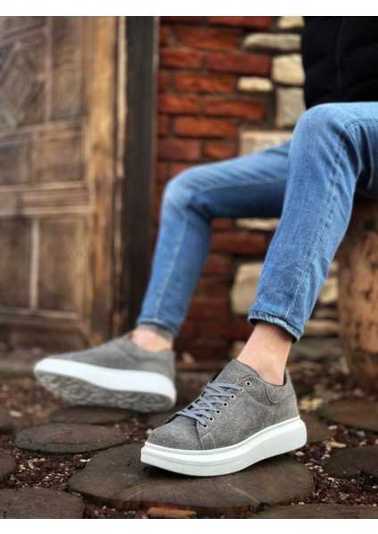 ET0547 Kalın Yüksek Taban Gri Süet Bağcıklı Spor Erkek Ayakkabı modelleri