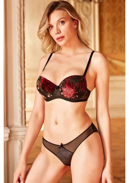 Tül Balenli Destekli Dolgulu Çiçek Baskılı Sütyen ve Slip Takım