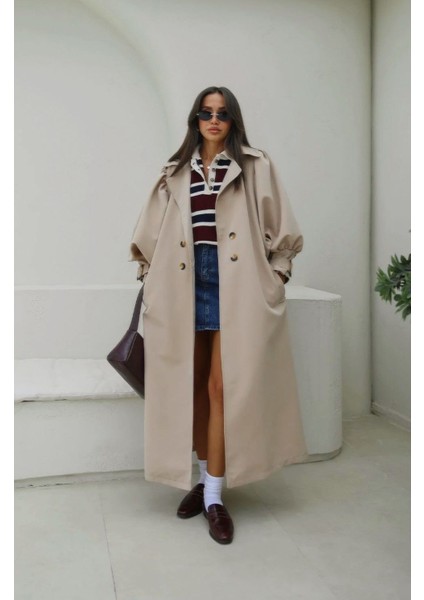 Kadın Camel Balonkol Kruvaze Premium Trençkot