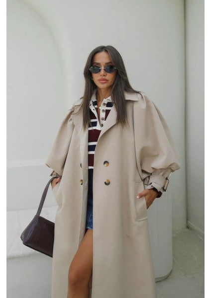 Kadın Camel Balonkol Kruvaze Premium Trençkot fiyatları