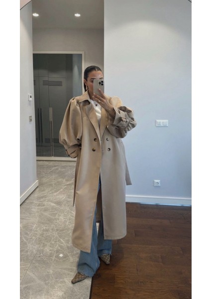 Kadın Camel Balonkol Kruvaze Premium Trençkot modelleri