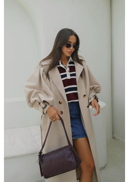 Kadın Camel Balonkol Kruvaze Premium Trençkot indirimleri