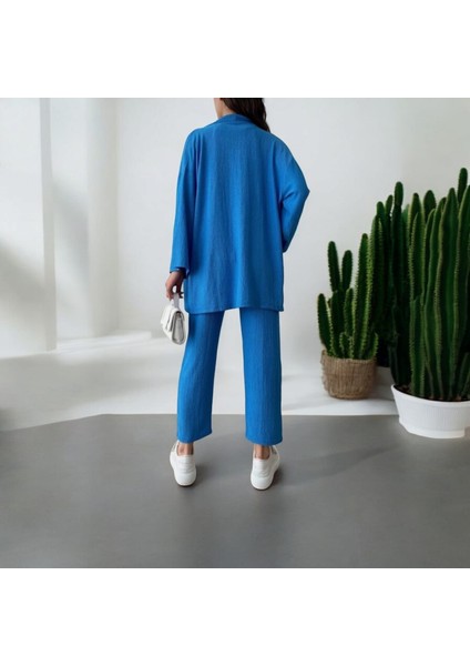 Kadın Likralı Bürümcük Kumaş Yazlık 2li Alt-Üst Takım Saks Mavi fiyatları