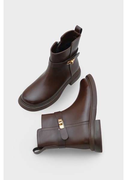 Kadın Tokalı Yandan Fermuarlı Günlük Bot Moley Kahve