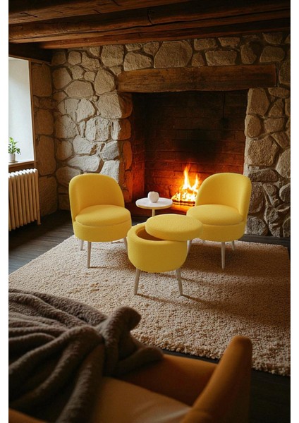 Lorıane Teddy Peluş Berjer ve Puf 3’lü Takım – Salon, Balkon ve Ofis Için Konforlu Çay Seti