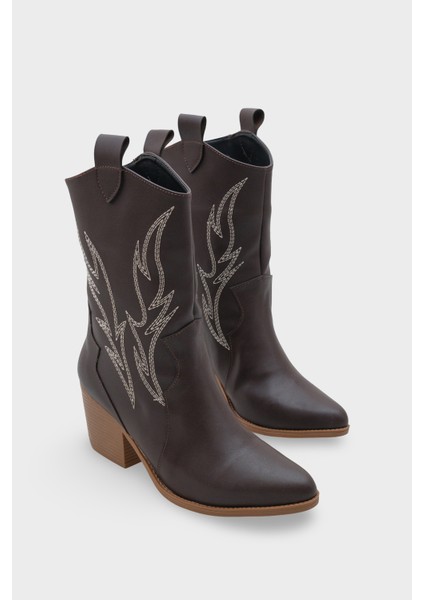 Kadın Sivri Burun Nakışlı Western Günlük Topuklu Bot Sovey Kahve fiyatları