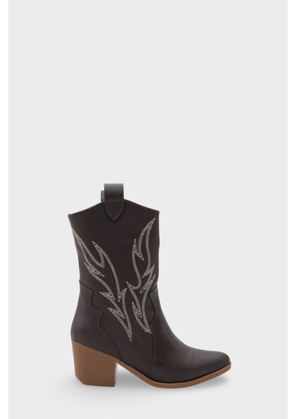 Kadın Sivri Burun Nakışlı Western Günlük Topuklu Bot Sovey Kahve indirimleri