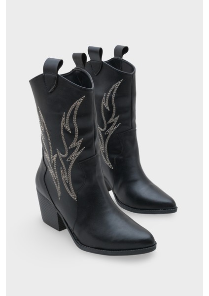Kadın Sivri Burun Nakışlı Western Günlük Topuklu Bot Sovey Siyah fiyatları