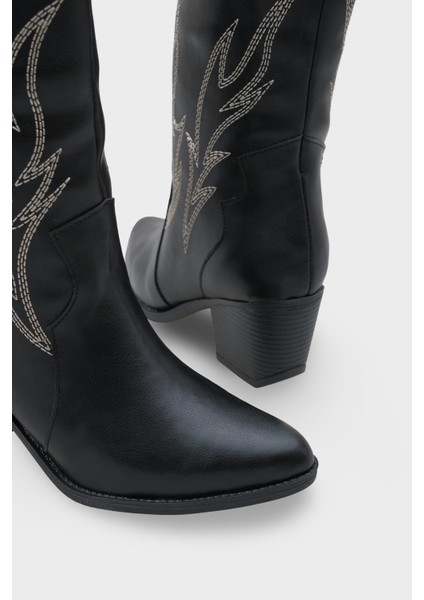 Kadın Sivri Burun Nakışlı Western Günlük Topuklu Bot Sovey Siyah fırsatları