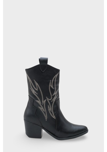 Kadın Sivri Burun Nakışlı Western Günlük Topuklu Bot Sovey Siyah indirimleri
