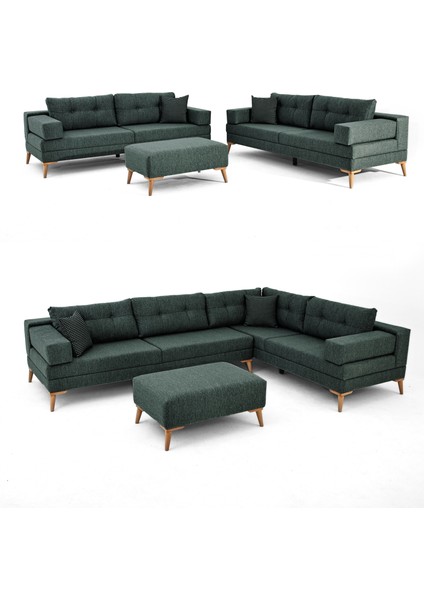 Zeri Modüler Yataklı Koltuk Takımı & 2 Adet Üçlü Kanepe & Puflu Köşe Takımı (3+3) - Koyu Yeşil - 125