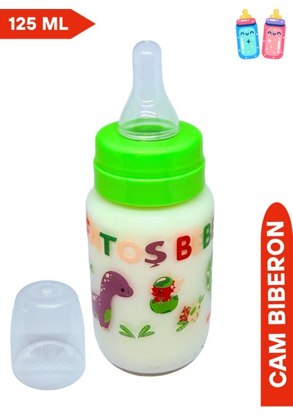 Desenli, Yeşil Renkli, 125 ml Cam Bebek Biberonu