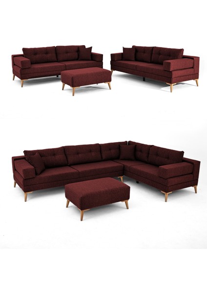 Zeri Modüler Yataklı Koltuk Takımı & 2 Adet Üçlü Kanepe & Puflu Köşe Takımı (3+3) - Bordo - 173