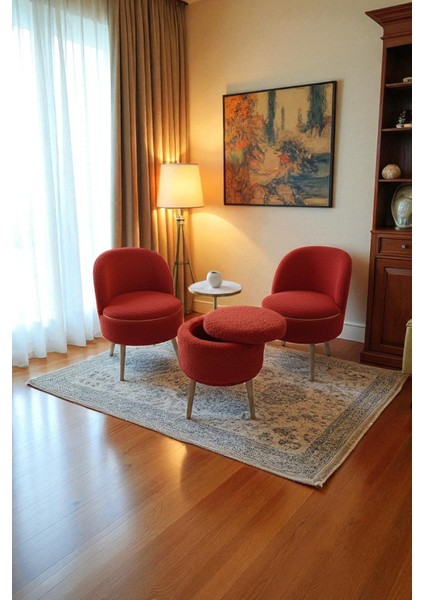 Lorıane Teddy Peluş Berjer ve Puf 3’lü Takım – Salon, Balkon ve Ofis Için Konforlu Çay Seti