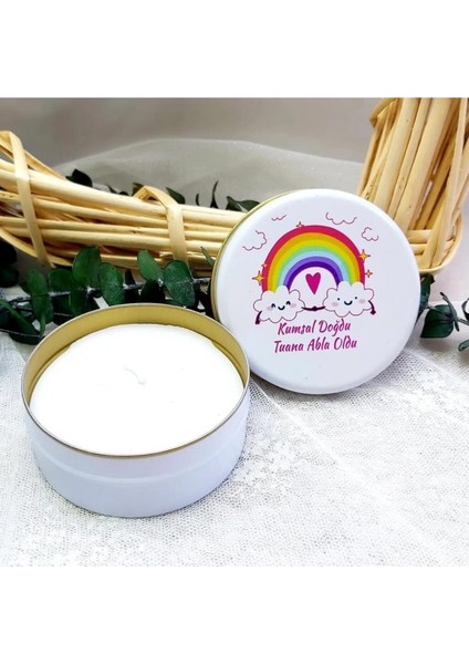 20 Adet Metal Kutuda Uv Baskılı Bebek Şekeri ve Mum Hediyelik Seti