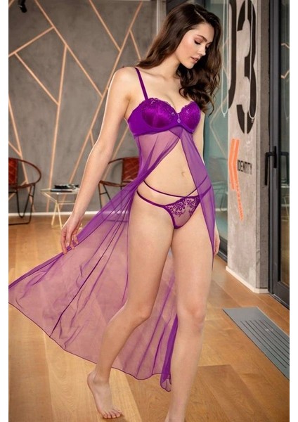 Balenli Destekli Dolgulu Askısız Straplez Çıkabilen Tül Aksesuarlı Dantelli Sütyen ve String Takım