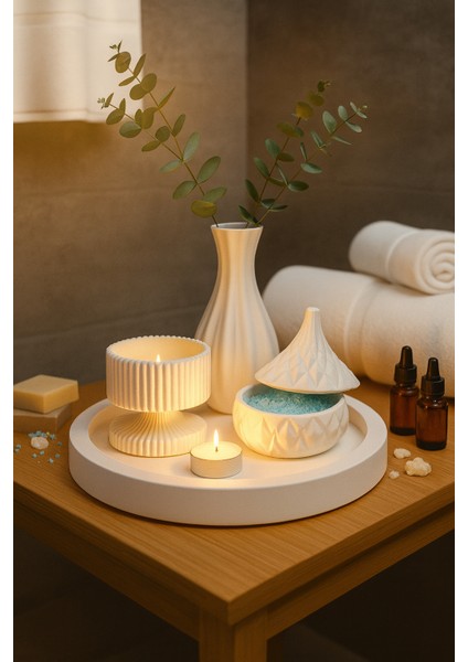 Modern Beyaz Dekoratif Set – 4 Parçalı Minimalist Tasarım