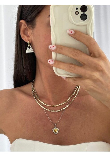 Kadın Çelik Zirkon Taşlı Plaka Kalp Kolye modelleri