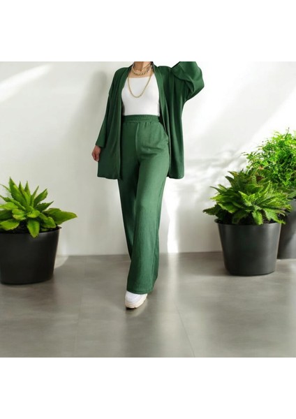 Kadın Likralı Bürümcük Kumaş Yazlık 2li Alt-Üst Takım Petrol Rengi